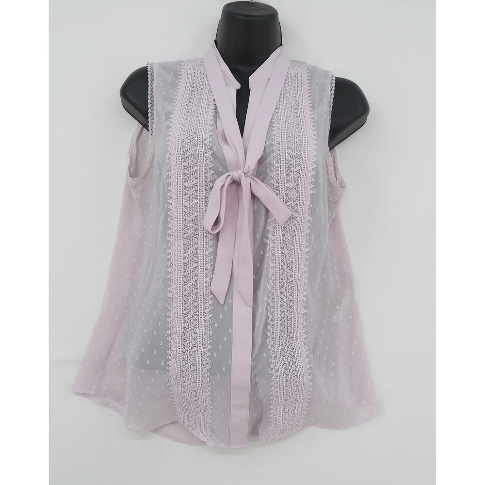 White House Black Market Pink Swiss Dot Lace Tie Neck Sleeveless Blouse Size 0